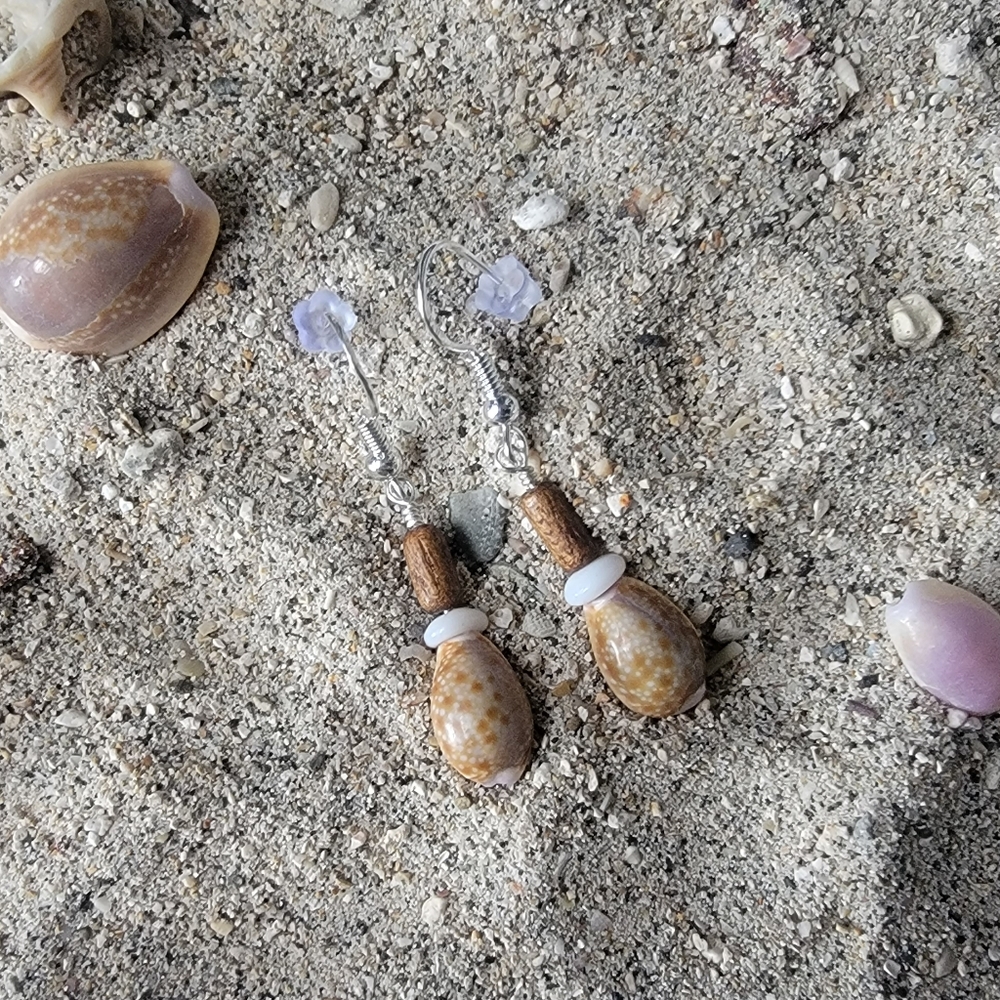SS 925 Beach Maui Hawaii Honey Cowrie, North Shore Oahu Puka & Koa Wood Earrings
